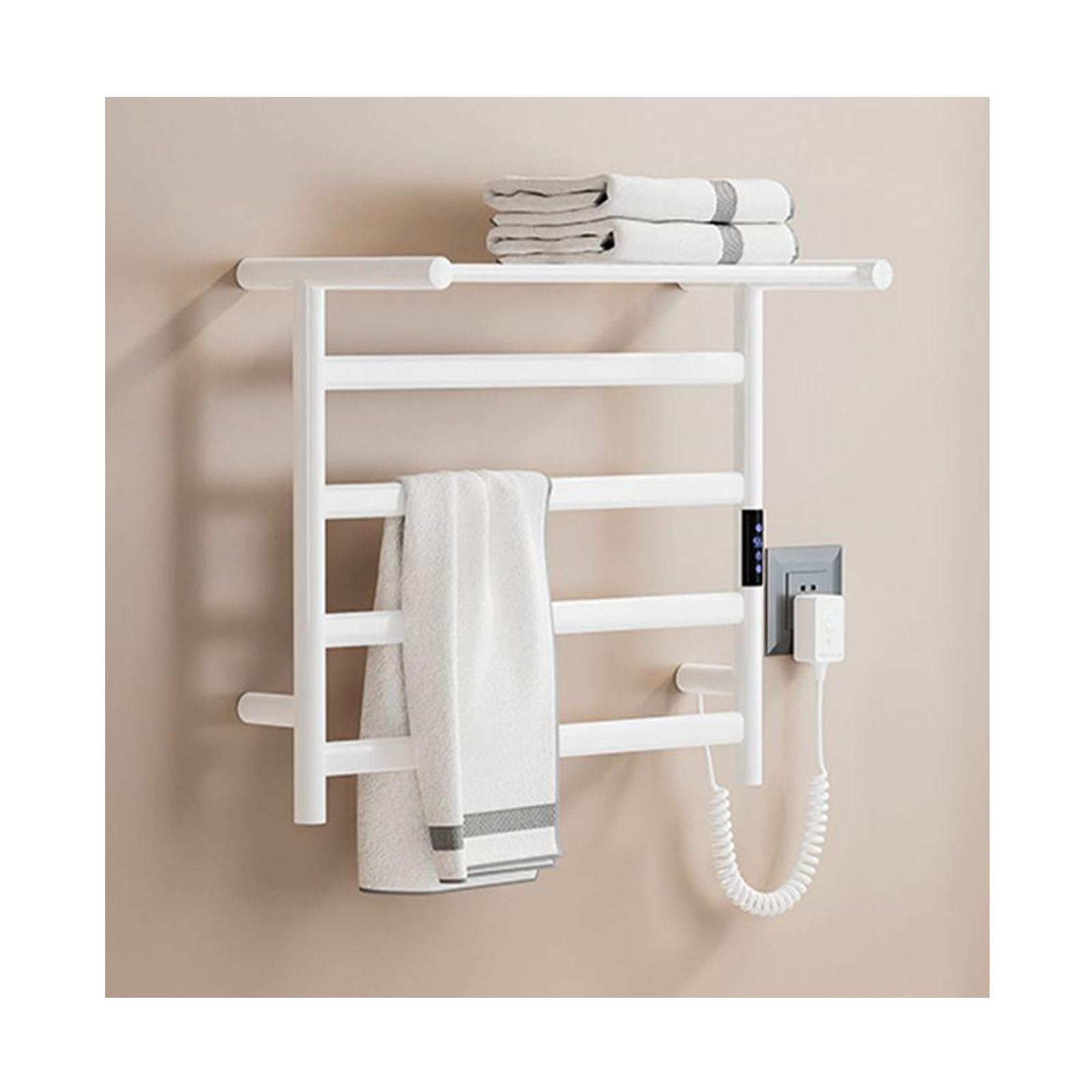 Toallero eléctrico de acero inoxidable blanco con estante superior para pared