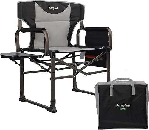 SUNNYFEEL Silla de directores de campamento de gran tamaño, silla plegable portátil negra para adultos, soporta 600 libras con bolsillo lateral y