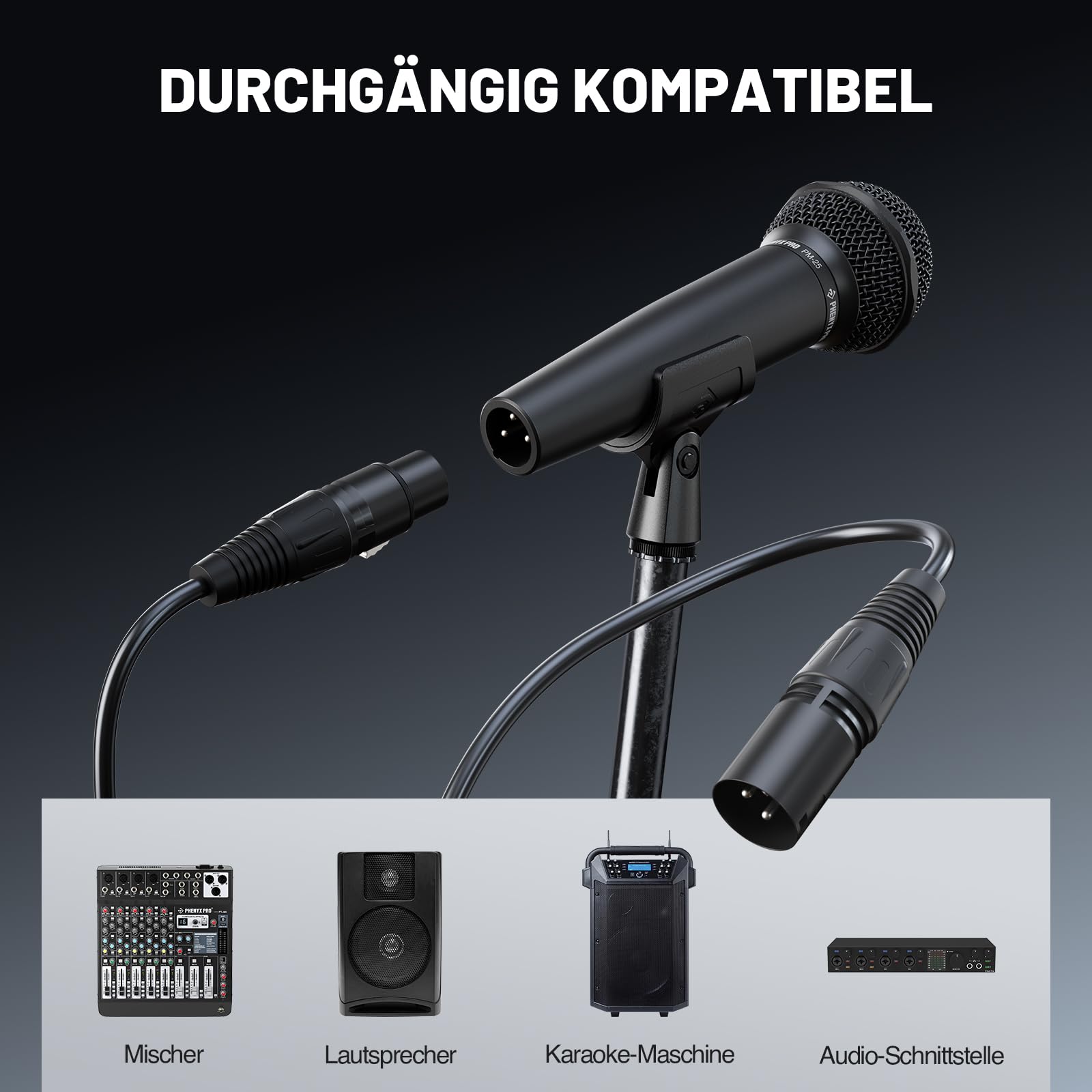 Phenyx Pro Dynamisches Gesangsmikrofon XLR PM-25 | Kabelmikrofon, Nierencharakteristik, 5 m XLR-Kabel, Mikrofonhalter, Transporttasche, Gesang, Bühne, Studio, Karaoke