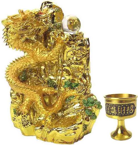 Amazon.co.jp: 風水の黄金・山昇龍 天然水晶玉&水盃付き(五本指の皇帝