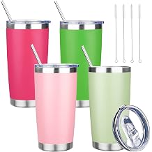 20 oz Tumbler with Lids and Straws, Stainless Steel Insulated Travel Coffee Mug, Double Wall Vacuum Insulated Tumblers, Powder Coated Coffee Tumbler for Cold & Hot Drinks Mix Color-3, 4 Pack