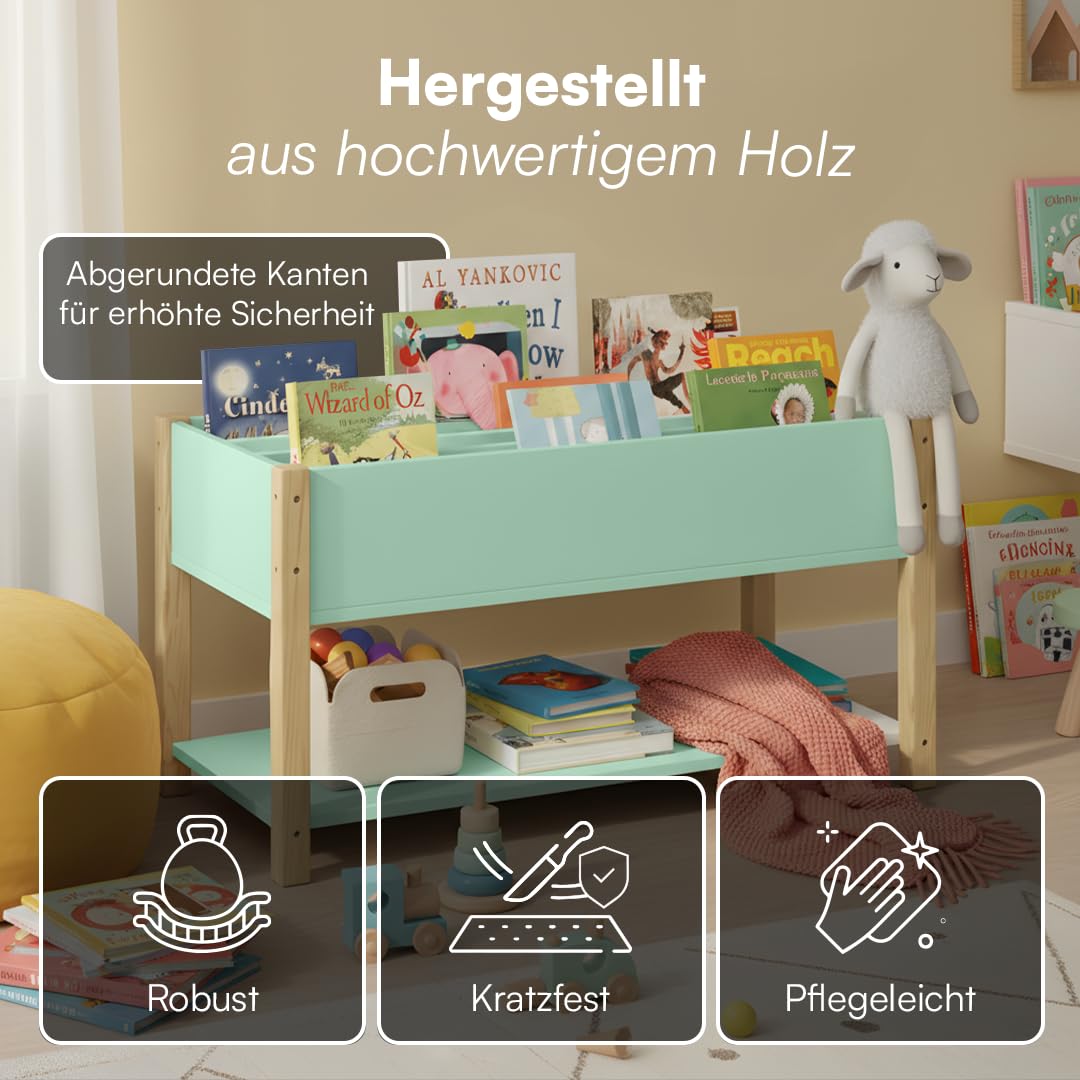 Bellabino Teme Bücherregal Kinderzimmer – Kinderbücherregal mit 4 Fächern – Montessori Bücherregal mit Ablagefach – Bücherregal für Kinder Mintgrün/Natur – Spielzimmer Deko aus Holz 80x40x44 cm