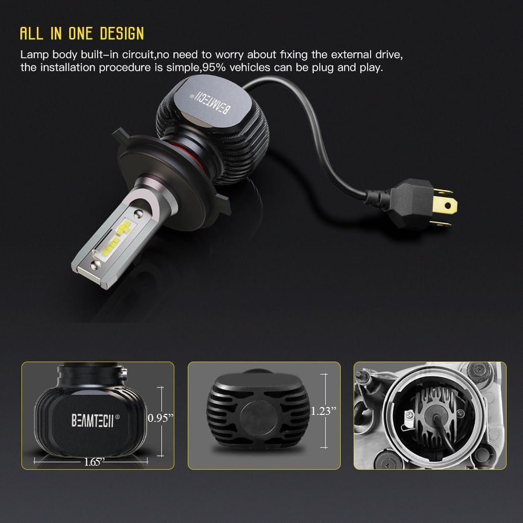 BEAMTECH H-4 Bulbs, S1 Series 900-3 Fanlsess 300% Brighter 6500K White Fog Light, 2 Bulbs