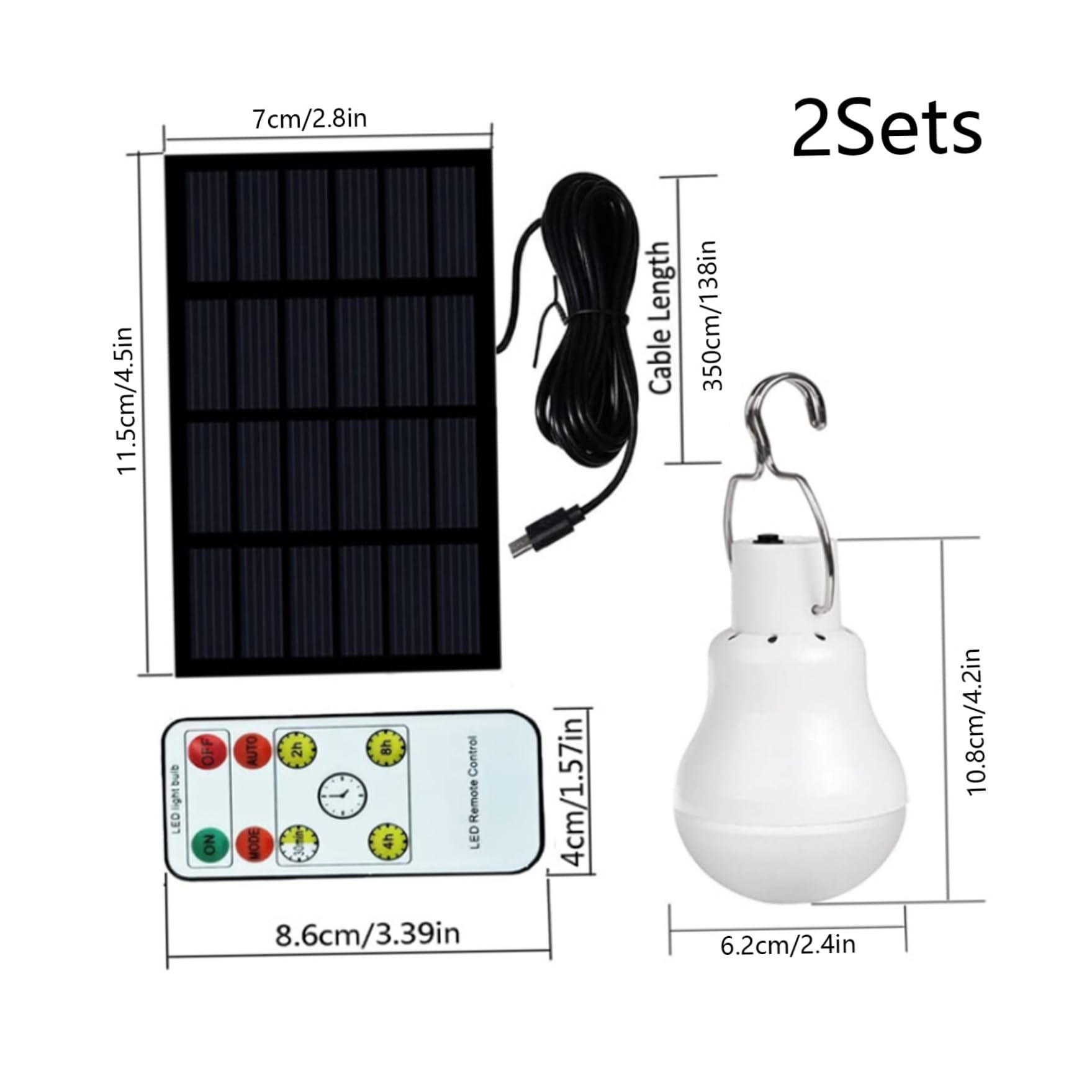 Linternas eléctricas, luces de bombilla solar para jardín al aire libre, 2 piezas de luces solares portátiles con panel y control remoto, bombillas recargables USB con gancho para emergencia, camping