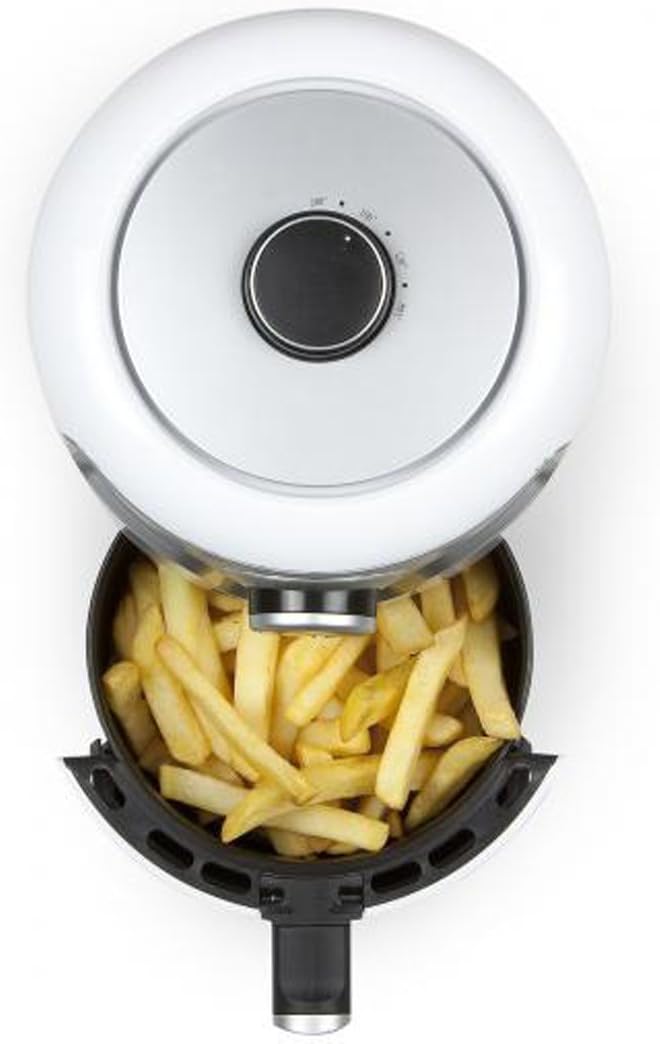 Arriba view of the Domo DO517FR Mini Airfryer, showing the basket filled with french fries.