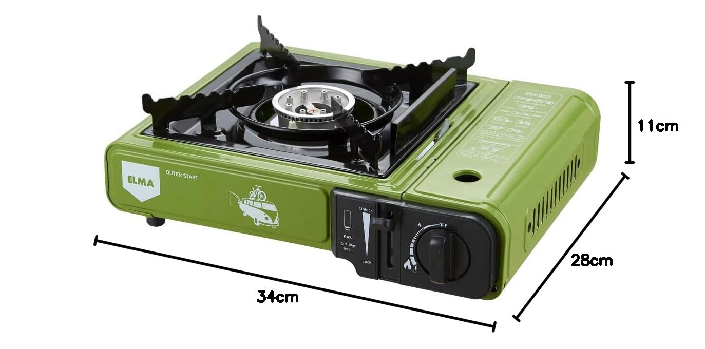 Fornello a Gas Portatile Elma Outer Start Compatibile con Cartucce Butano EN417 e Bombole Butano/Propano, Ideale per Campeggio, Viaggi e Outdoor | con Valigetta di Trasporto, 2,3 Kw, Verde