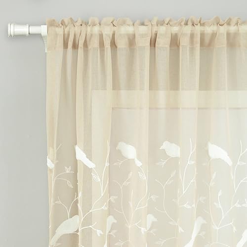 Miniatura 3 de VOGOL - Cortinas blancas con diseño bordado y jareta para barra, para ventana de sala, dormitorio dos paneles.