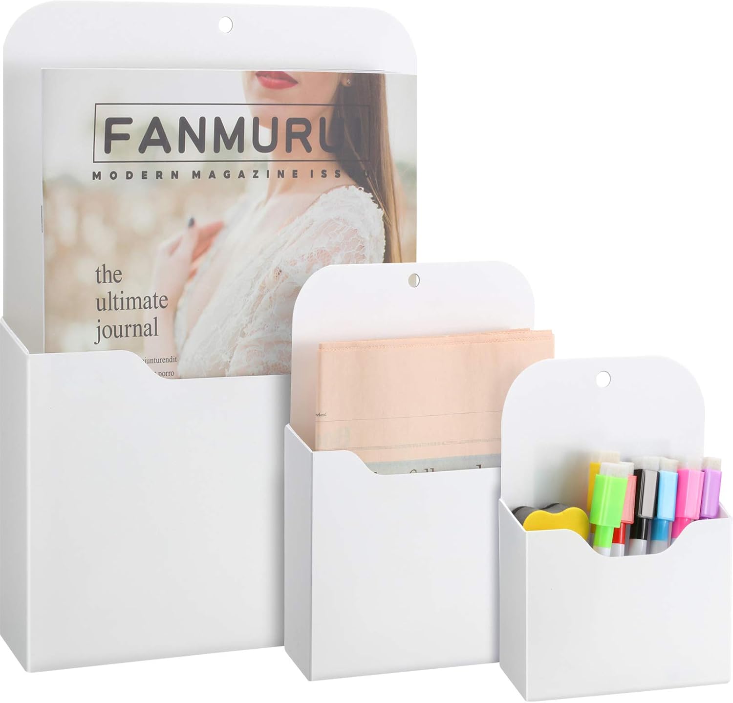 3 Pack Magnetic File Holder, Large Size Refrigerator Magnetic Holder for Pen, Paper, Markers, Notebooks, Letter, Good for Class Whiteboard, Office, Refrigerator, Locker L, M and S (White)