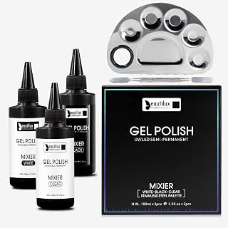 Beautilux Gel Nail Polish Mixer Kit - Stainless Steel Palette - 100ml UV Gel Nail Color - Clear, White, Black