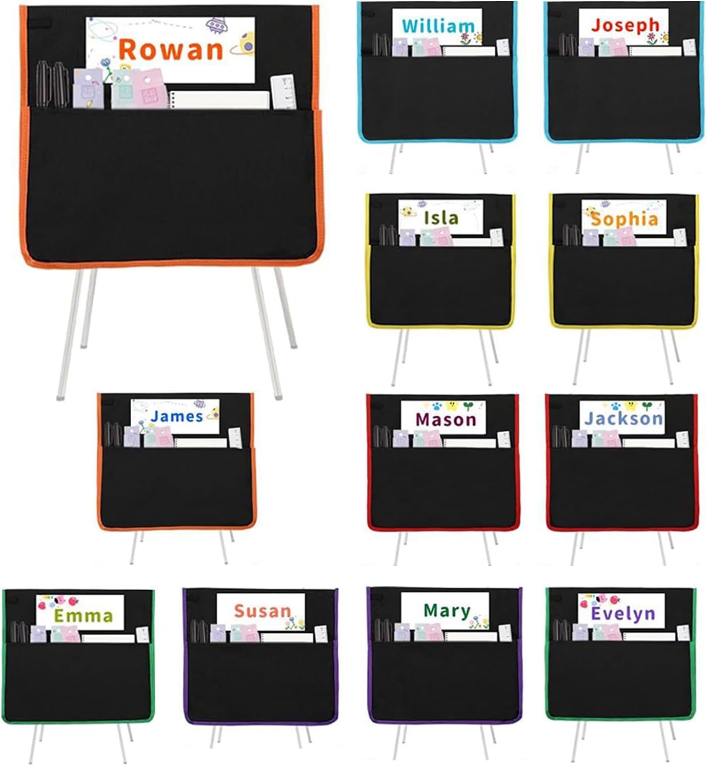 教室用チェアポケット | 名札付き教室椅子用シートポケット,一二個 オックスフォード生地 学校用品 整理 収納 幼稚園 自宅 アート