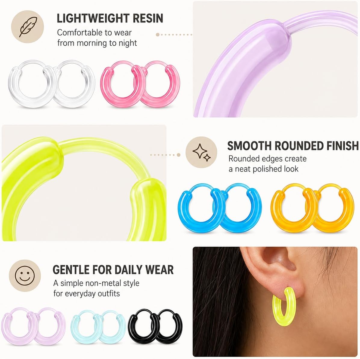 12 Pairs Plastic Hoop Earrings for Sensitive Ears Clear Colorful Hoop Ear Retainers with Clasp, Lightweight Resin Hoops for Ear Piercing Keepers Sports Daily Wear, 12 Colors image 3