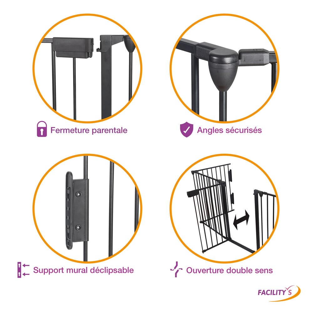 FACILITYS - Barrière de Sécurité Enfant - Grille Protection Cheminée Enfant Pliable - Grand Format en Métal de 300 cm - 1 Porte et 5 Panneaux Préassemblés - Barrière Poêle à Bois et Escalier