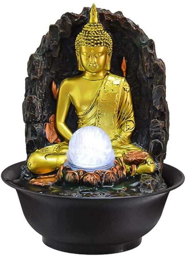 Una fontana di Buddha illuminata, fontana di meditazione zen per interni, statua di Buddha in resina, regali e decorazioni, fontana di acqua feng shui dorata da 11 pollici