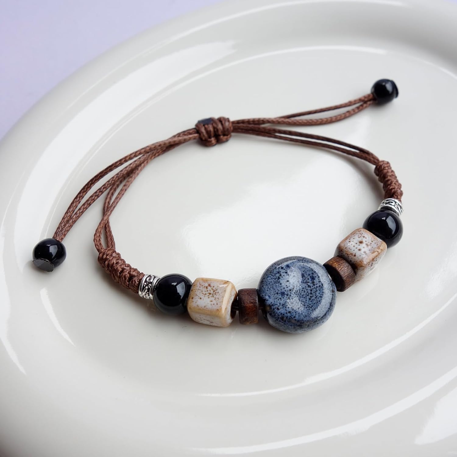 Boho Navy Blue Ceramic Beads Bracelet with Leaf Charm, Adjustable Bohemian Friendship Bracelet for Men and Women, Handmade Hippie Jewelry Gifts - Image 4