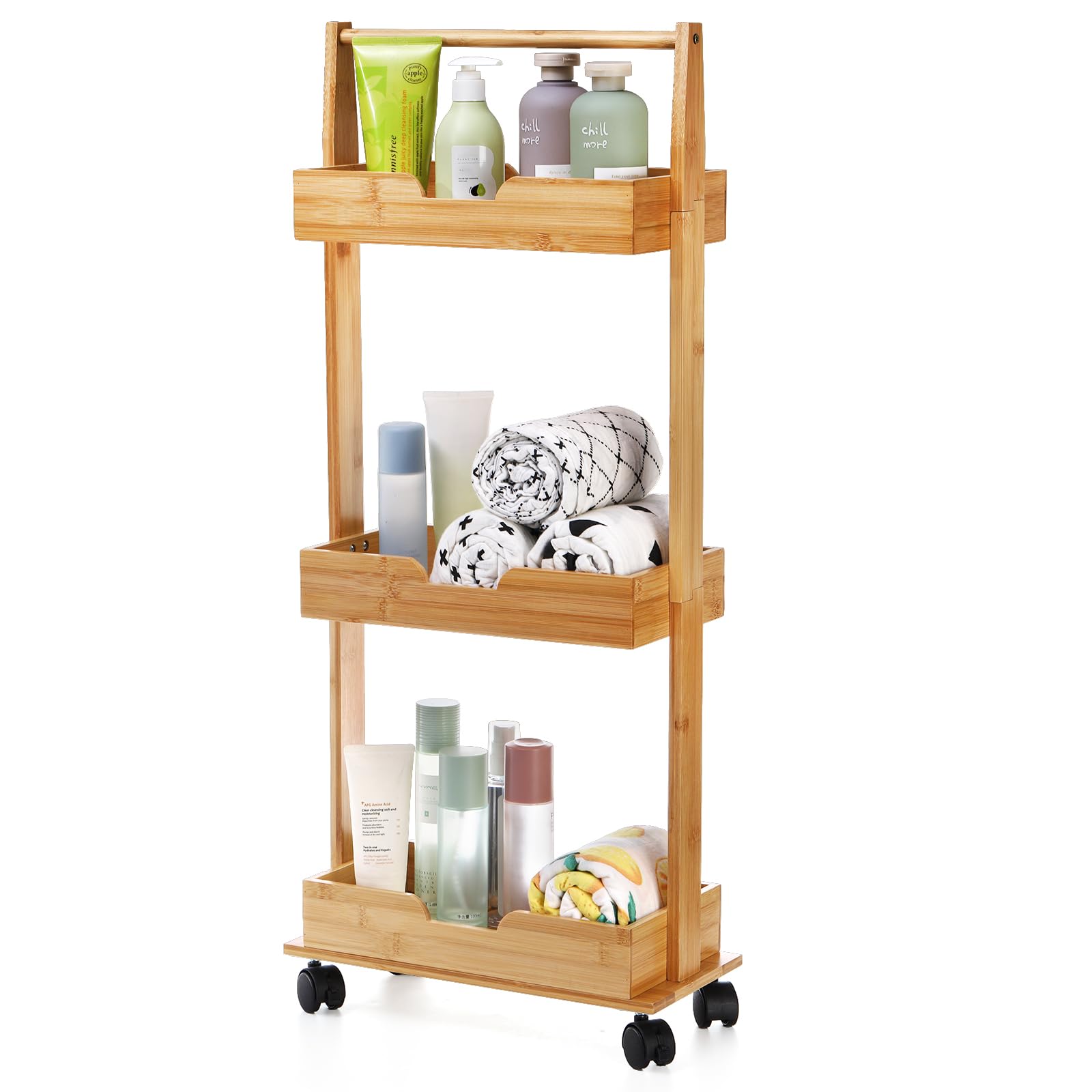 Lyellfe 3 Tire Shower Caddy Stand, Bamboo Shower Floor Organizer Corner with Sliding Wheels, Bathroom Caddy Shelf Rack for Bathtub, Office, Kitchen