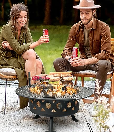 Bettermade 32 Inch Outdoor Fire Pit, 2-In-One Large Camping Fire Pits For Outside With Cooking Grill And Fire Poker, Wood Burning Firepit For Bbq,Warm Up, Patio, Bonfire, Camping, Picnic. #TOP4