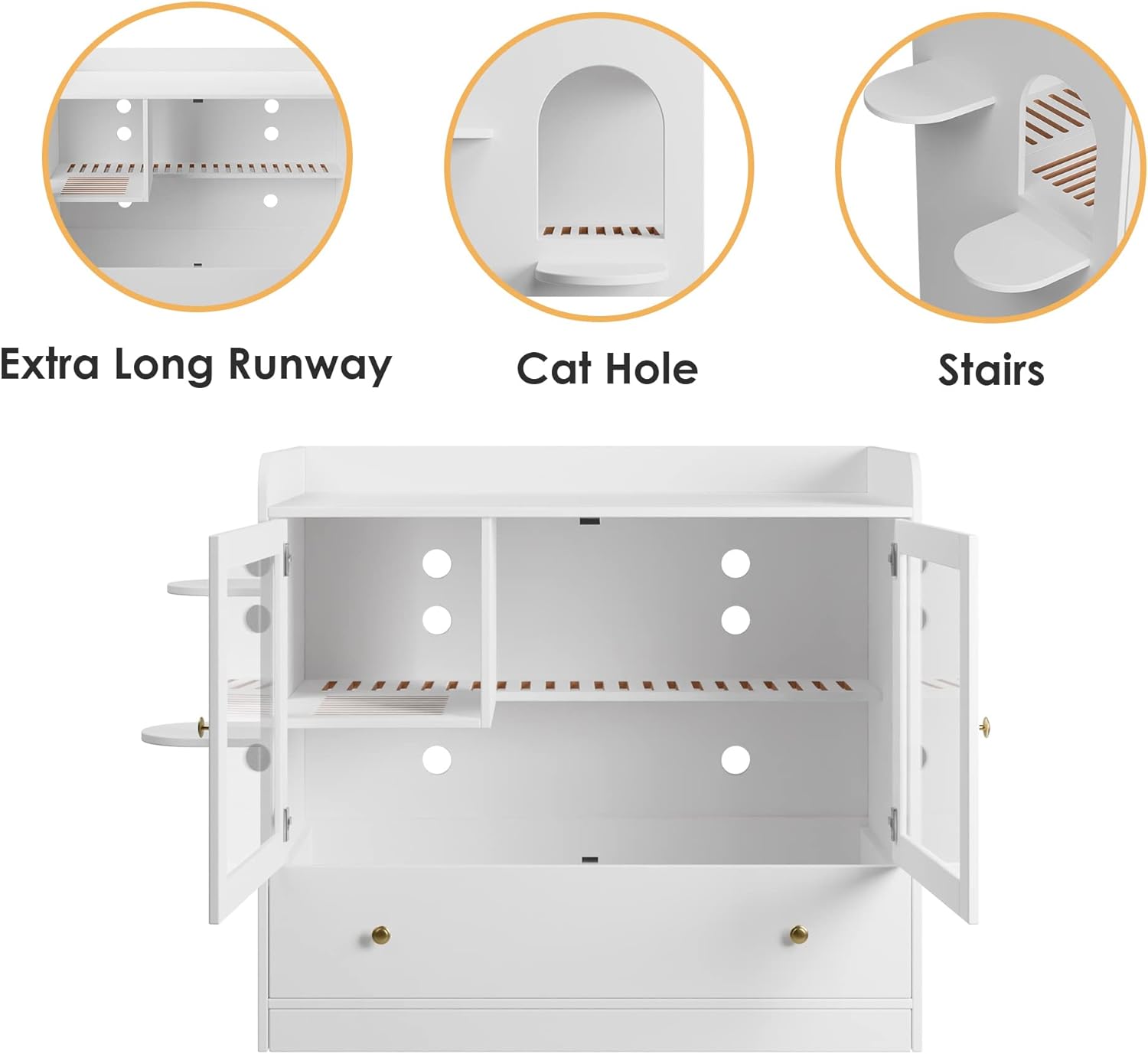 Cat Litter Box Furniture, Cat Litter Box Enclosure Cabinet Hidden Pet House with Stairs, Nightstand Side Table with Large Drawer, Extra Large, White