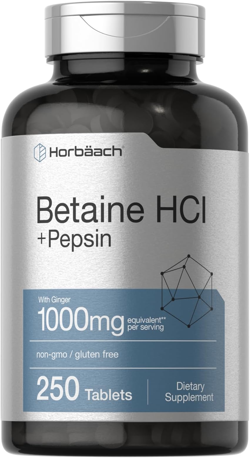 Horbäach Betaine HCl with Pepsin | 250 Tablets | Hydrochloride Supplement | with Ginger Root | Non-GMO, Gluten Free