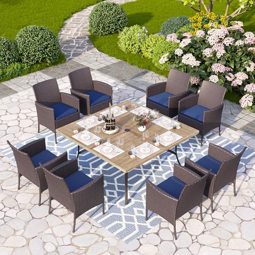 PHI VILLA 9 Pieces Square Outdoor Dining Set for 8, 60” Wood-Like Large Metal Steel Dining Table & Rattan Wicker Chairs with Cushions, Dining Furniture Set for Patio, Deck, Yard, Porch
