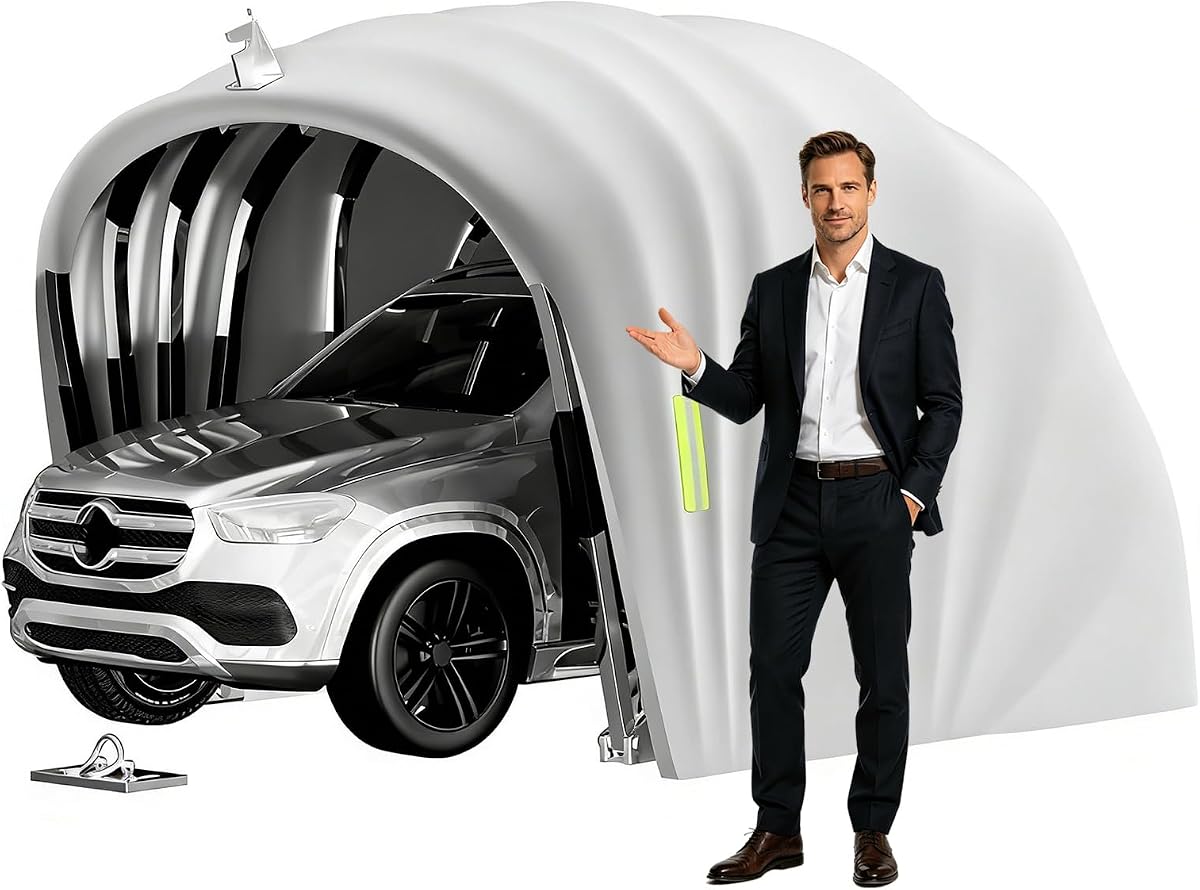 Semi Automatic Car Canopy, 19.35 x 8.8 Ft Garage Shelter with Heavy-Duty Oxford Fabric, Stainless Steel Frame - Waterproof, UV-Resistant, Windproof for Outdoor Vehicle Protection, Grey