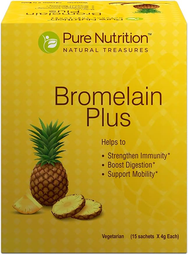 Pure Nutrition Bromelain Plus 2400 GDU - New and Revised Bromelain Enzymes with Vitamin D3, C and B6. 15 Powder Sachet X 4 Grams Each. 60 Grams Pack. Non-GMO | Gluten-Free