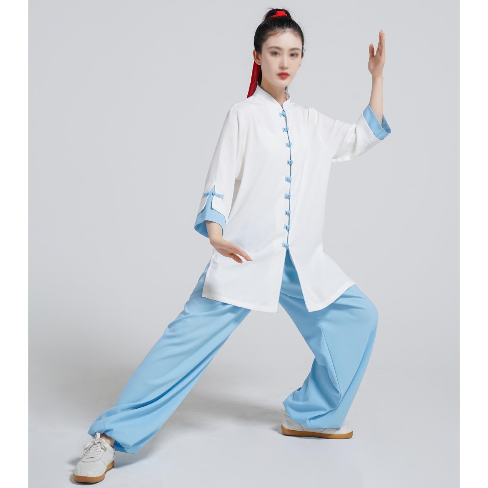 Tradycyjny mundur sztuk walki Damski strój Tai-Chi Kung Fu z bawełny i lnu, biały, niebieski i biały, różowy, rozmiary od XS do XXL(White Blue,S)
