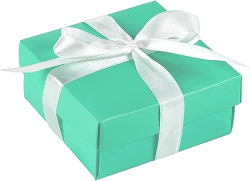 Miniatura 7 de BLUE PANDA Mini cajas de regalo de joyería, 3.74 x 3.74 x 1.65 pulgadas, paquete de 24, color verde azulado con tapas y cintas, cajas de regalo de