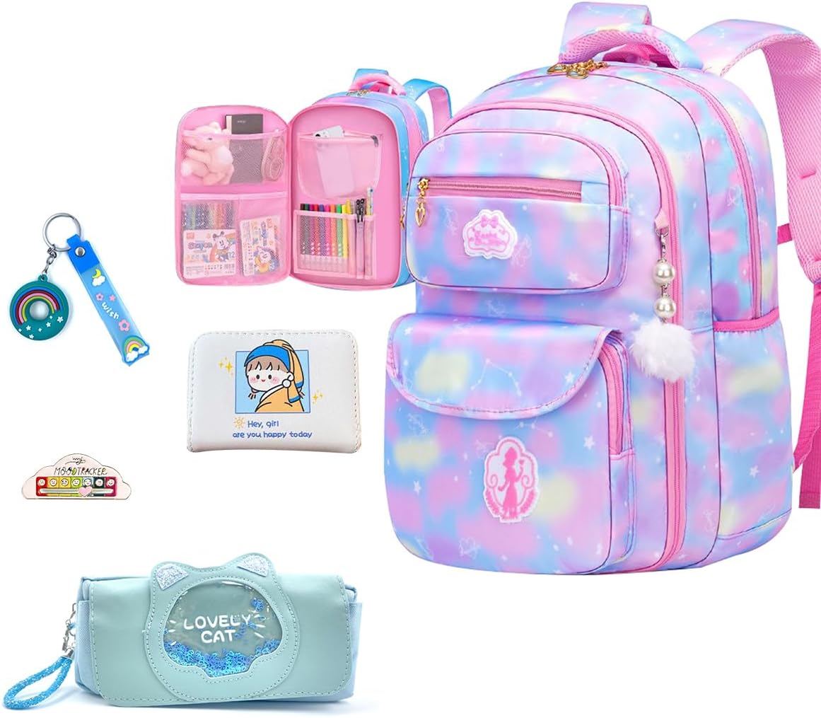 5Pcs Backpacks for Girls Purple Kids School Bag for Girls Laptop Bag Shoulders Bookbag for Students Teen Kids Daypacks Casual Travel Bag (Purple) image 5