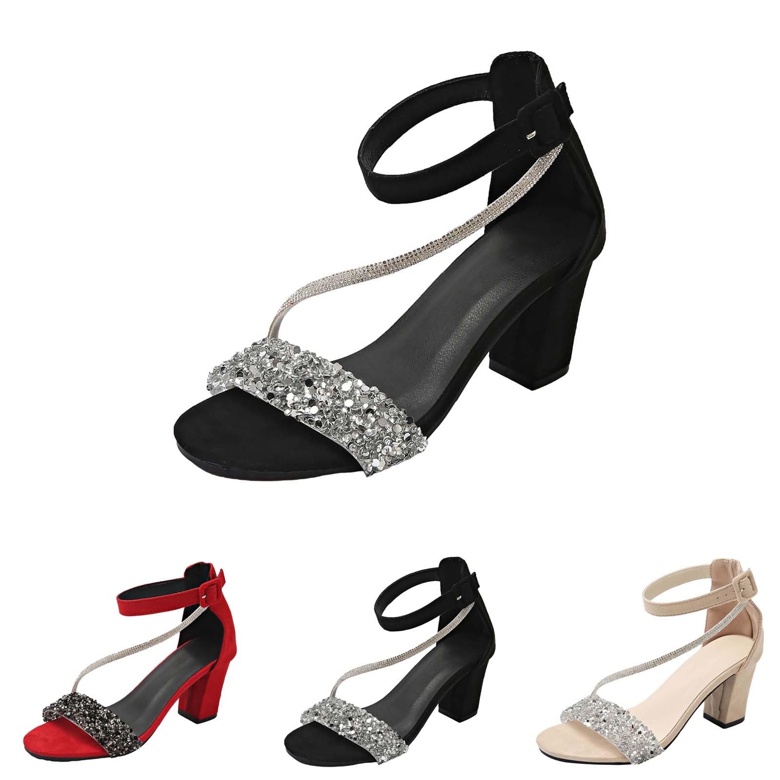 Scarpe da sera da donna, eleganti con brillantini, con tacco a blocco, sandali da donna, eleganti da donna, con strass, per compleanno, per addio al nubilato