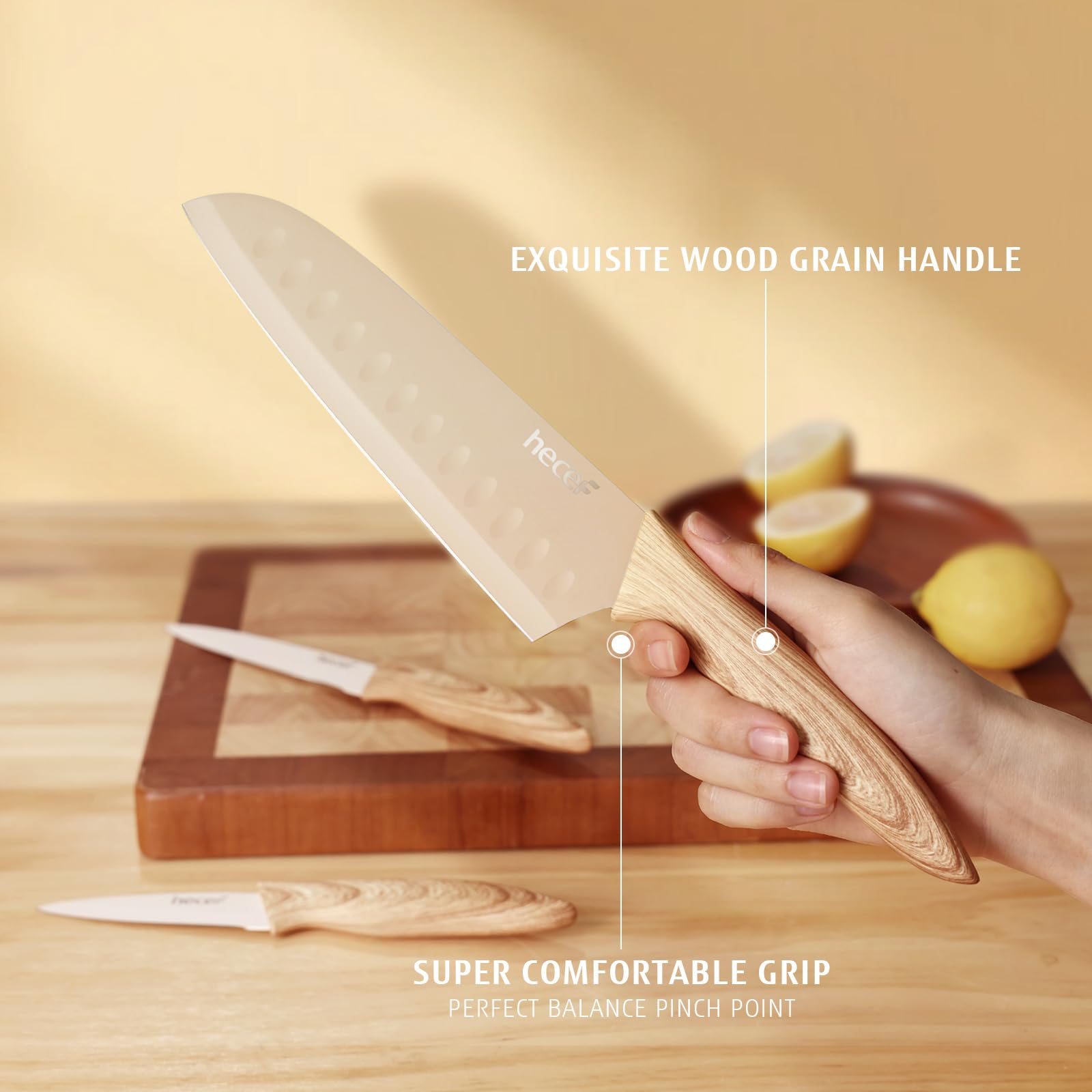 hecef Juego de Cuchillos Cocina 3 Piezas, Acero Inoxidable, Mango Efecto Madera, Santoku, Multiusos, Pelador