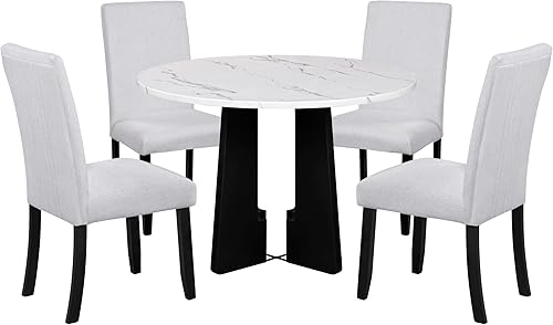 Miniatura 7 de Mesa de comedor redonda para 4, 43 pulgadas, parte superior de mármol sintético, mesa de comedor redonda moderna de mediados de siglo para