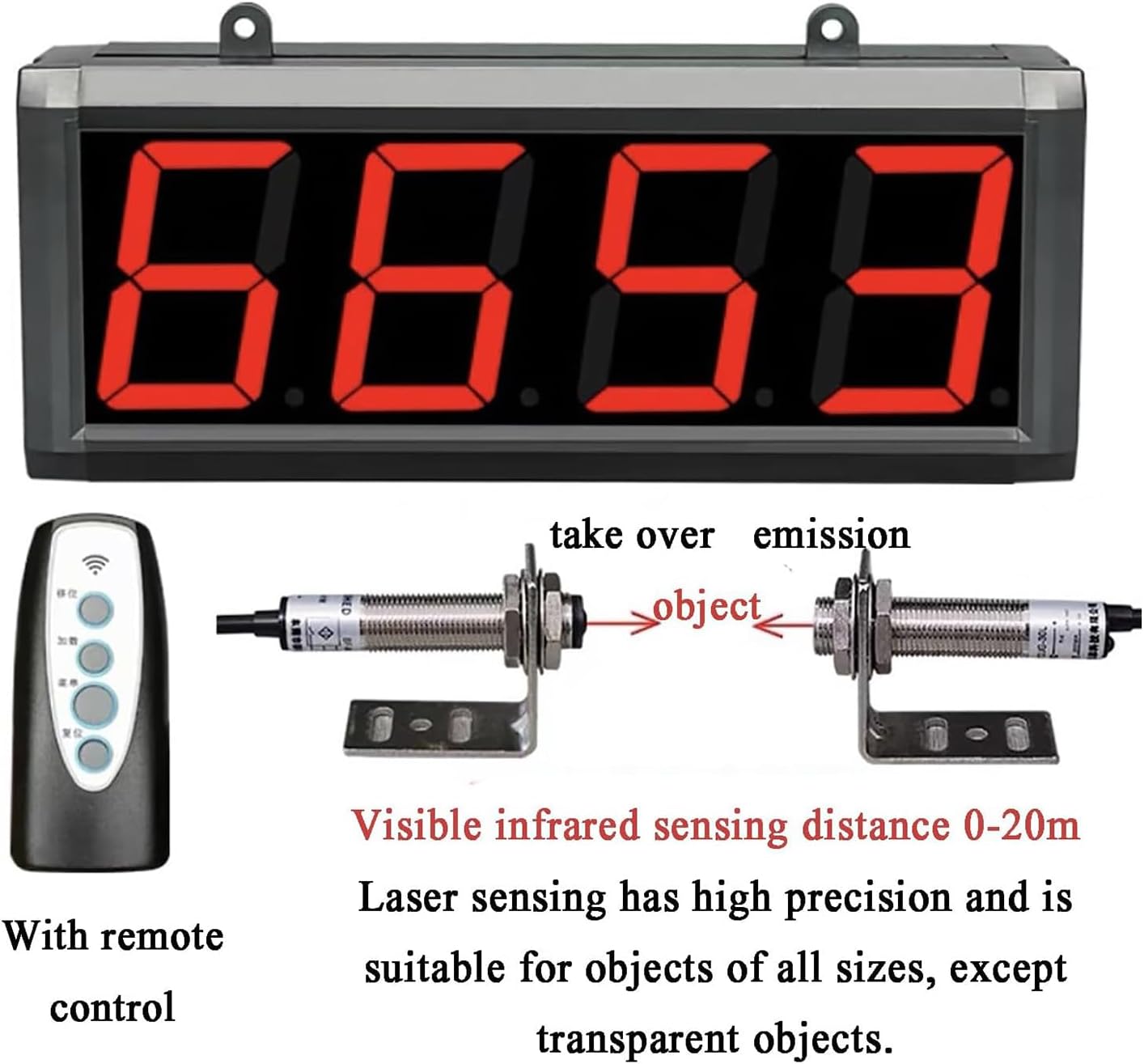 Digit Counter, 4 Digital Red Dual LED Plus Minus Digital Counter with Remote Control, 20M L-a-s-e-r Shooting Distance/Count Up to 9999, for Objects, Except Transparent Objects