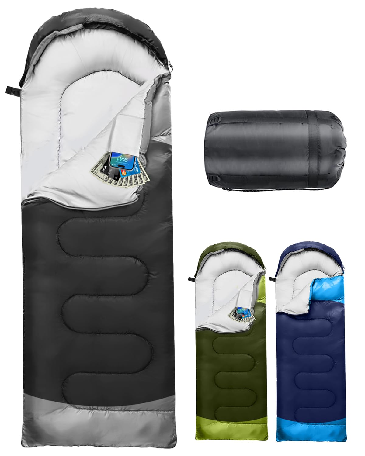 Schlafsack Camping für 3–4 Jahreszeiten, Outdoor-Schlafsack für Erwachsene und Kinder, Kompakter Schlafsäcke mit Kapuze & Innentasche, Deckenschlafsack für Bikepacking, Wandern, 220 * 75cm