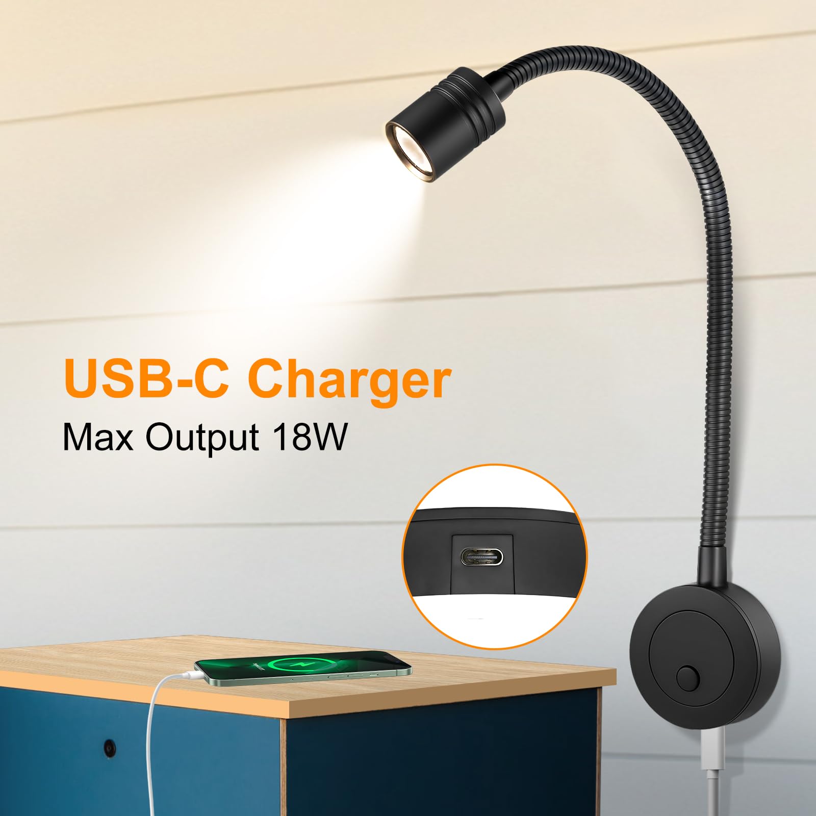 Lampade da Lettura Camper LED 12V, 3200K (Dimmabile) e Luce Notturna Rossa Soffusa, Dotato di Caricabatterie USB-C, per Barca Furgone Rimorchio Cabina, Flessibile Collo di Cigno (2 pezzi)