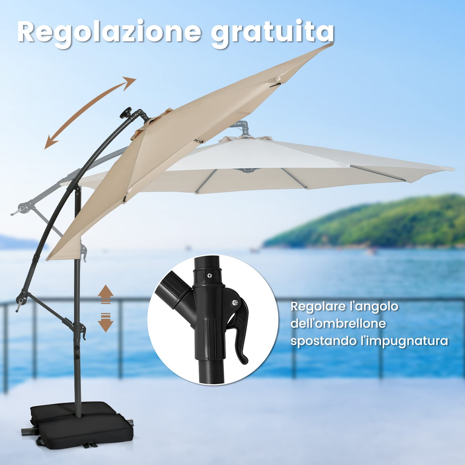 RELAX4LIFE Ombrellone da Giardino 3x3M con Luci a LED, Ombrellone da Balcone con Base a Croce e Sacco di Sabbia, Protezione Solare