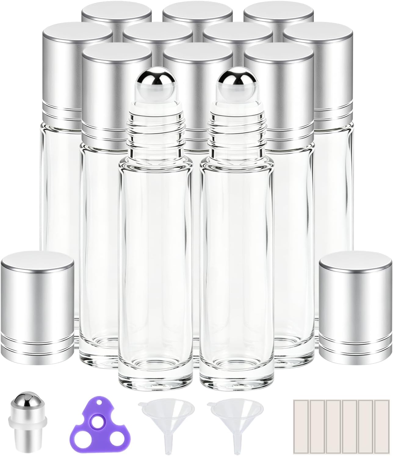 PrettyCare Set of 12, 10 ml Essential Oil Roller Bottles with Stainless Steel Roller Ball - Refillable Leak-proof Empty Thick Clear Glass Roll on Bottles with Silver Metal Caps for Travel, Perfume