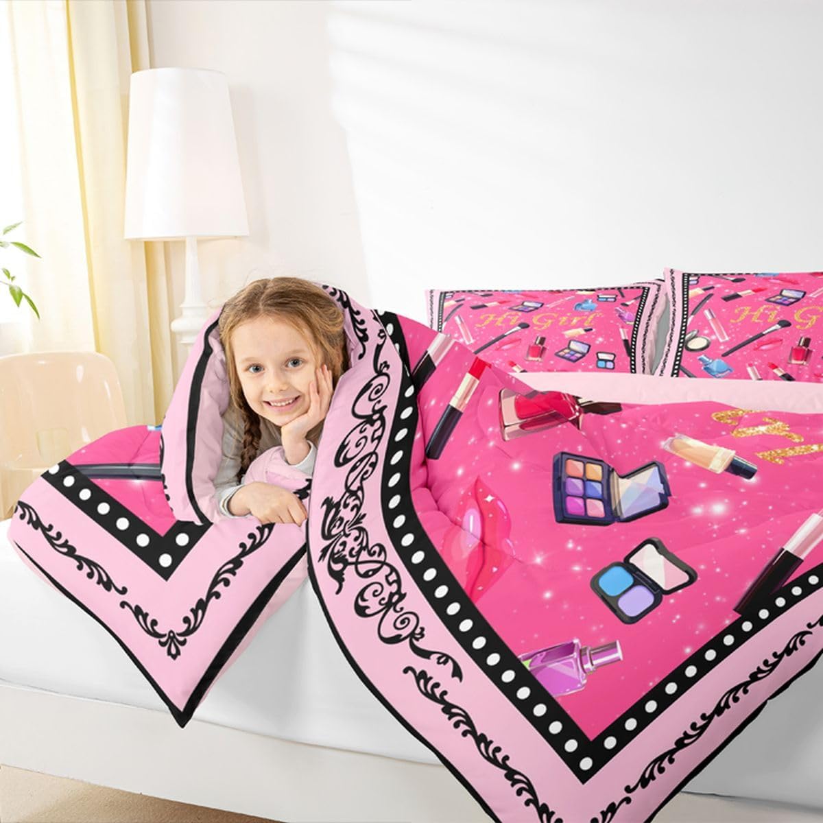 Castle Fairy Girls Women Cosmetic Comforter Full for Girls Women,Fashion Girl Lipstick Lip Quilt Comforter with 2 Pillowcases,Makeup Lipstick Diva Pink Print Bedding Set for Bedroom Living Room