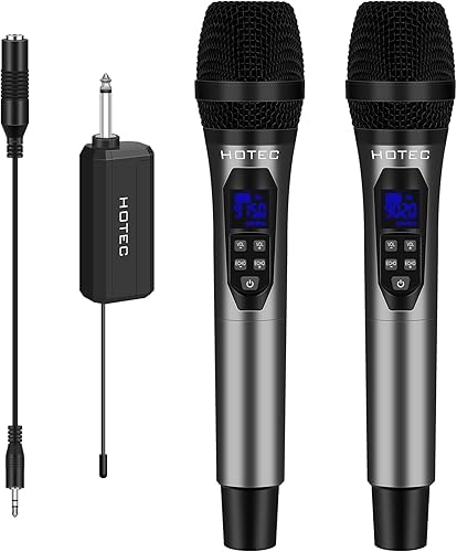 HOTEC Micrófonos inalámbricos Dual UHF Sistema de micrófono de mano con control de ecovolumen, receptor recargable para karaoke, iglesia, boda,