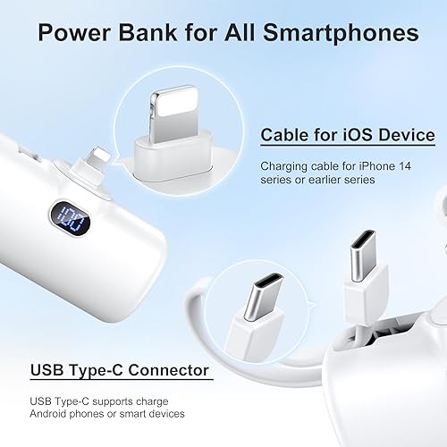 Miniatura 3 de Mini cargador portátil de 5000 mAh con puertos Lightning y USB-C con pantalla LCD compatible con iPhone y Android Smartphone