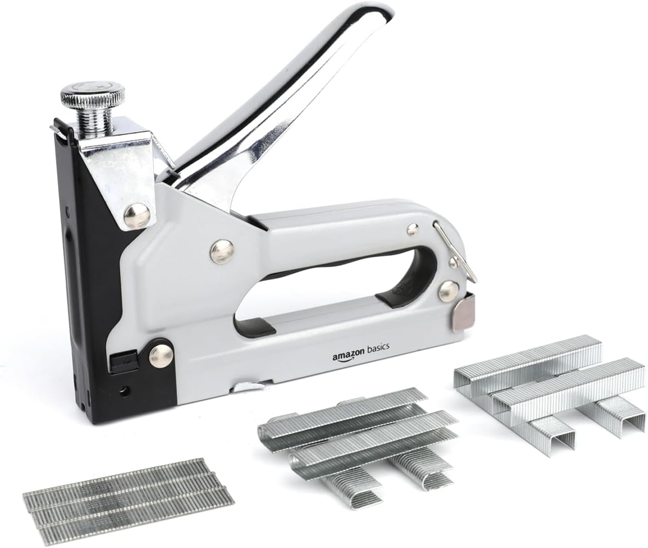 Amazon Basics Heavy Duty 3-in-1 Staple Gun with 600 Staples (D, U & T Type), Adjustable Power, Durable Steel Body – Ideal for Upholstery, Carpentry, DIY Home Repairs, and Furniture Restoration
