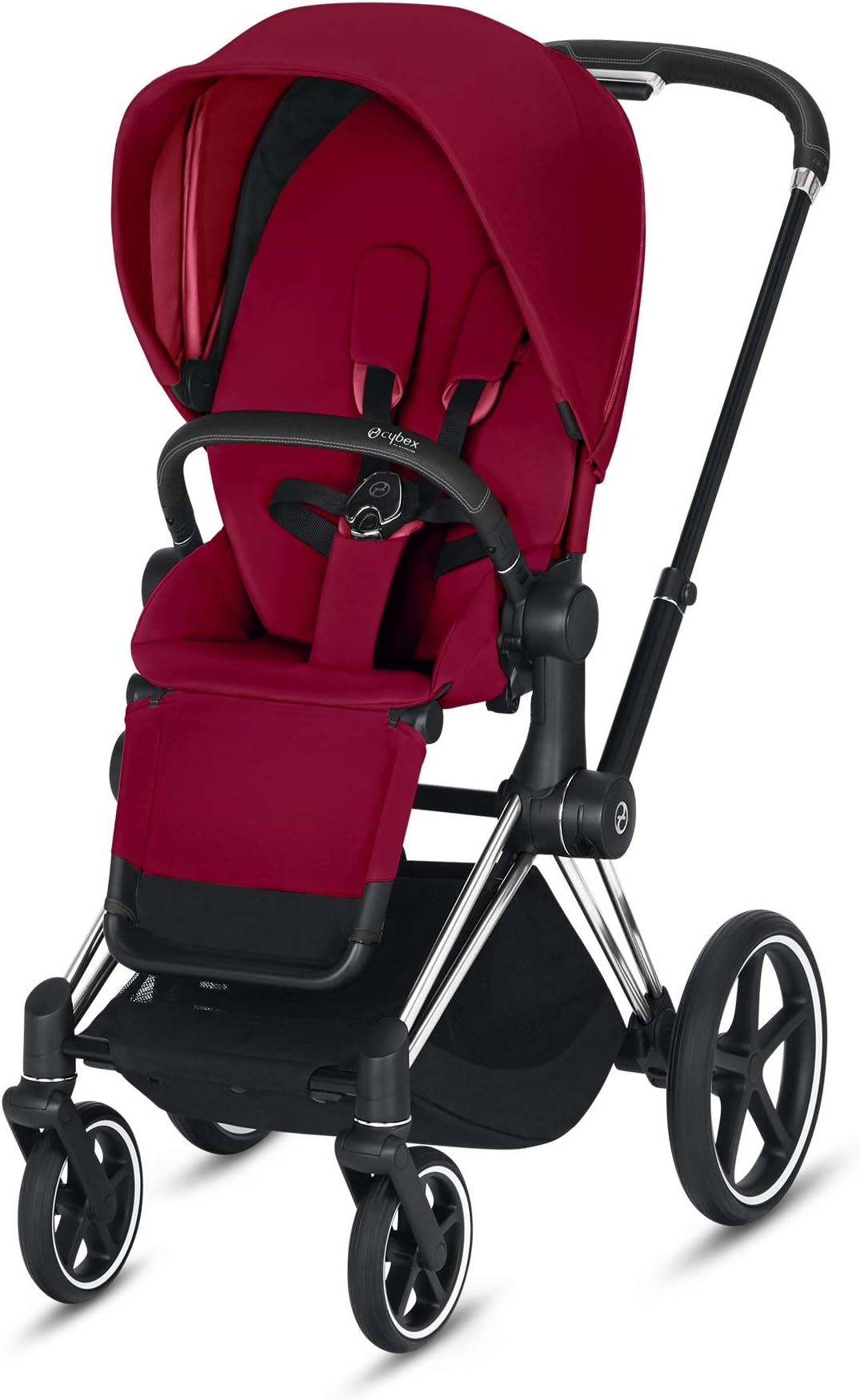 Cybex Priam 3 Complete Stroller, One-Hand Compact Fold, Lightweight, Reversible Seat, Smooth Ride All-Wheel Suspension, Extra Storage, Adjustable Leg Rest, True Red with Chrome/Black Frame