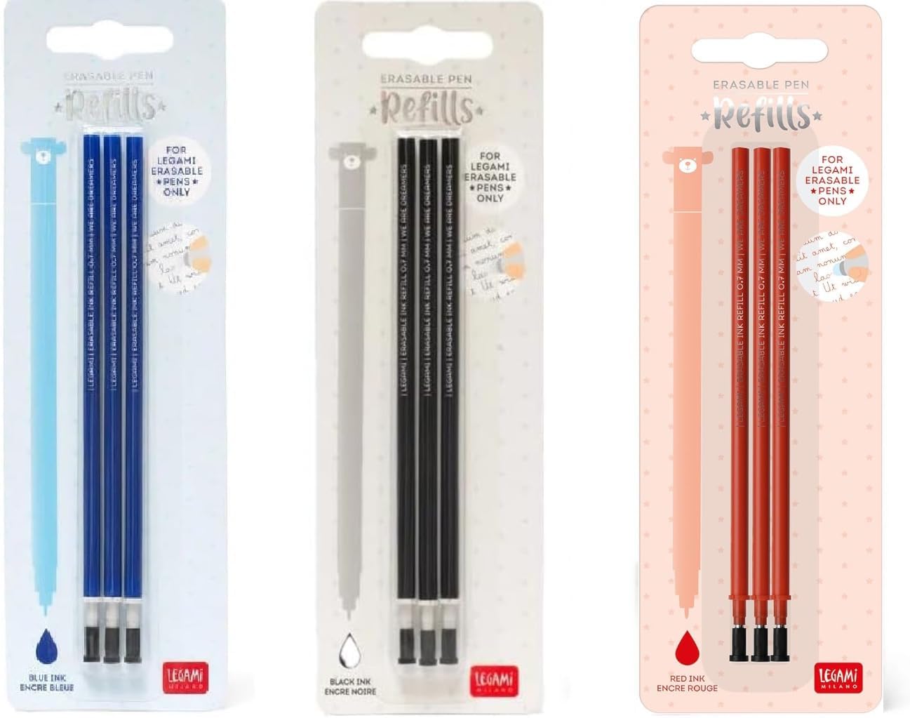 Legami - Erasable Gel Pen Refill, Set of 3 Packs of 3 Refills, Height 13 cm, Thermosensitive Ink, Blue, Black and Red, Tip 0.7 mm (Set of 3, Multi-Colour)