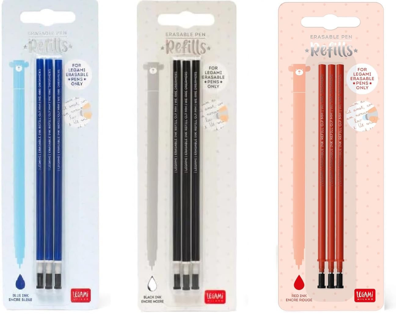 Legami - Erasable Gel Pen Refill, Set of 3 Packs of 3 Refills, Height 13 cm, Thermosensitive Ink, Blue, Black and Red, Tip 0.7 mm (Set of 3, Multi-Colour)