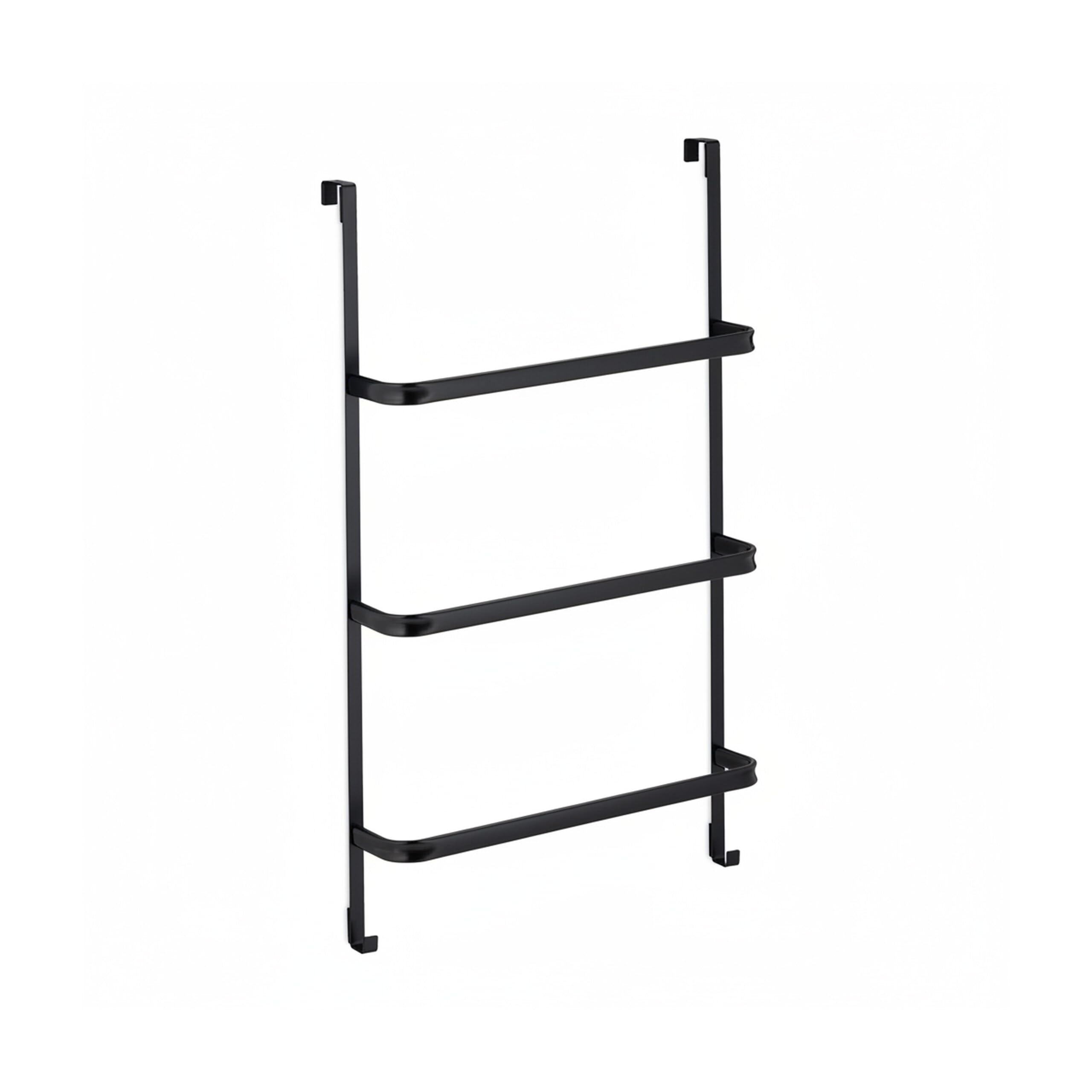 Relaxdays Toallero para Puerta 3 Barras, sin Taladrar, con 2 Ganchos, 85 x 54,5 x 15 cm, Colgador Toallas, Acero, Negro