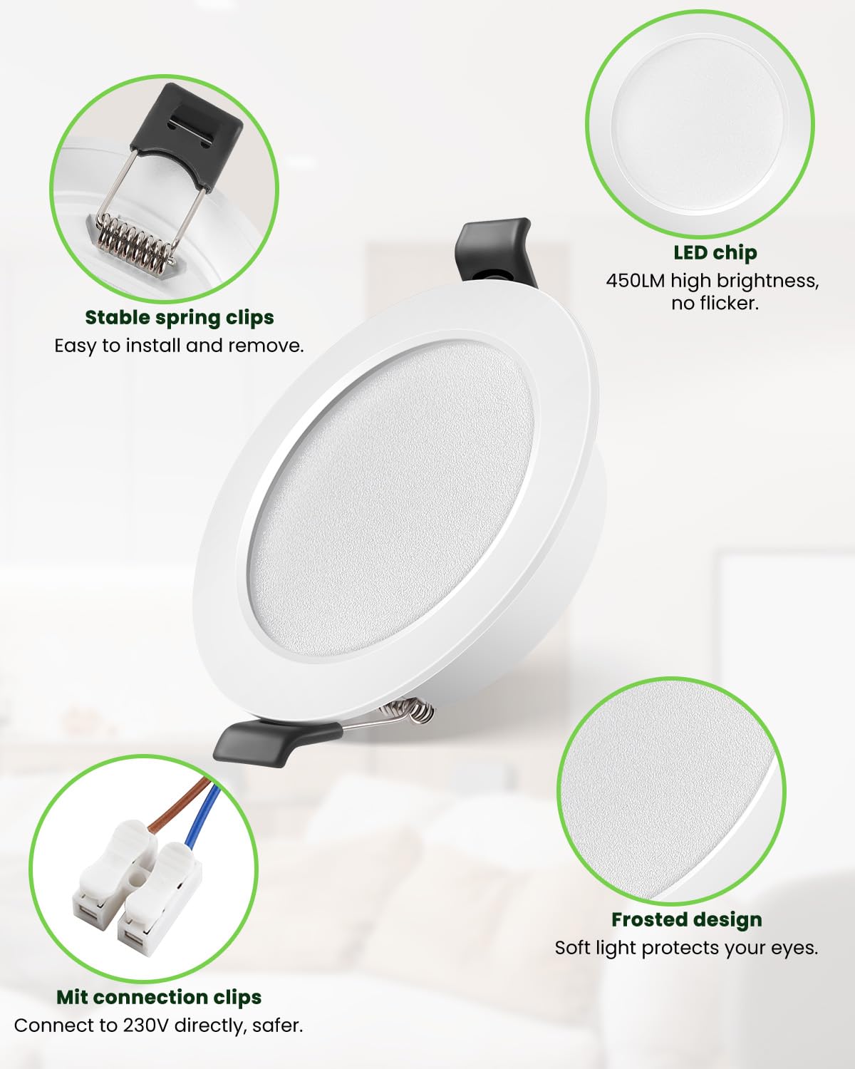 Downlight LED Techo Empotrable 5W, Focos LED Interior Techo 450LM, Blanco Cálido 3000K, IP44 Ojos de Buey Redondo, para Baño Cocina Salón, Extraplano 25mm, Φ68-80mm, Pack 12