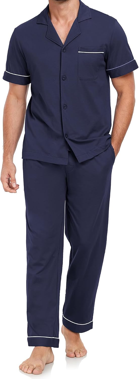 100% Cotton Pajama for Men Set Short Sleeve Lounge Wear, S-XL