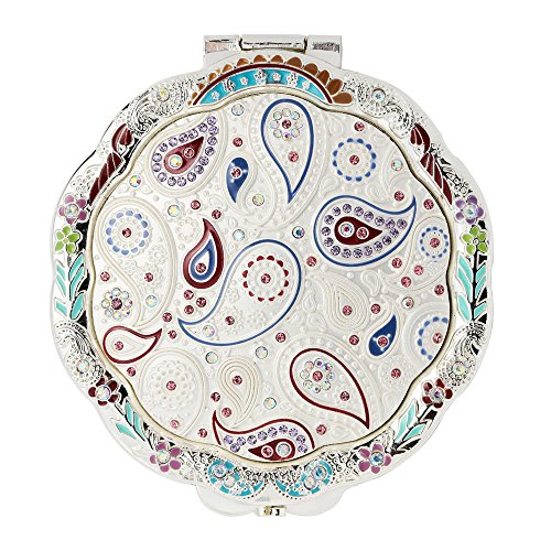 Jinvun Silver Vintage Round Purse Double Sided Mirror with Magnification | Clear, Compact, Retro, Handheld, Pocket, Sleek Rhinestones & Ergonomic Grip | for Makeup, Cosmetics, Travel, Vanity & More
