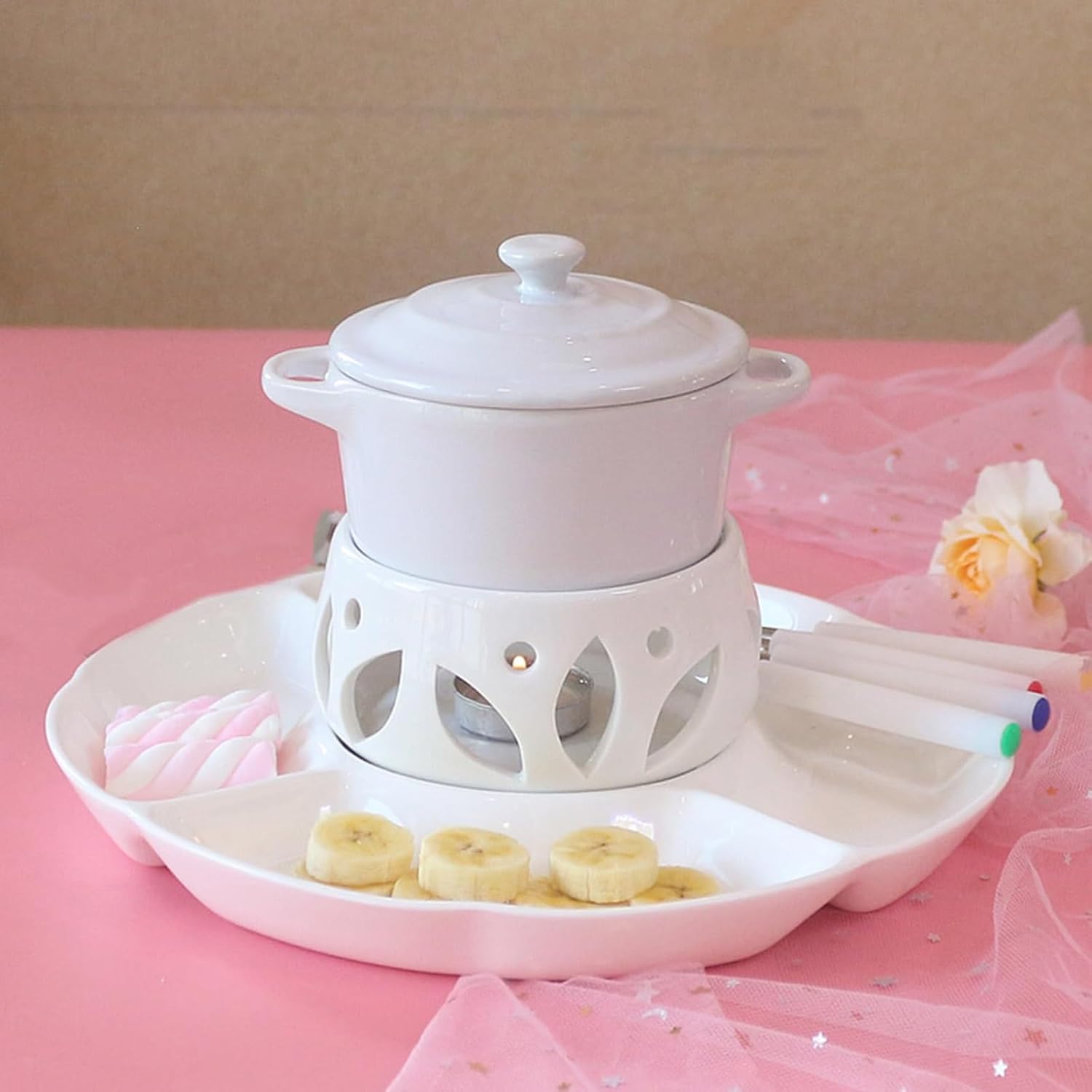 Mini Ceramic Fondue Mugs Gift Set,Chocolate Fondue Melt Mug,Ceramic Cheese Pot with Forks for Date Night,Birthday,Wedding Gifts, White