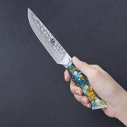 Miniatura 6 de WILDMOK Juego de cuchillos para carne, 4 piezas de espiga completa de 5 pulgadas, cuchillos de cena de acero de Damasco forjado de espiga completa