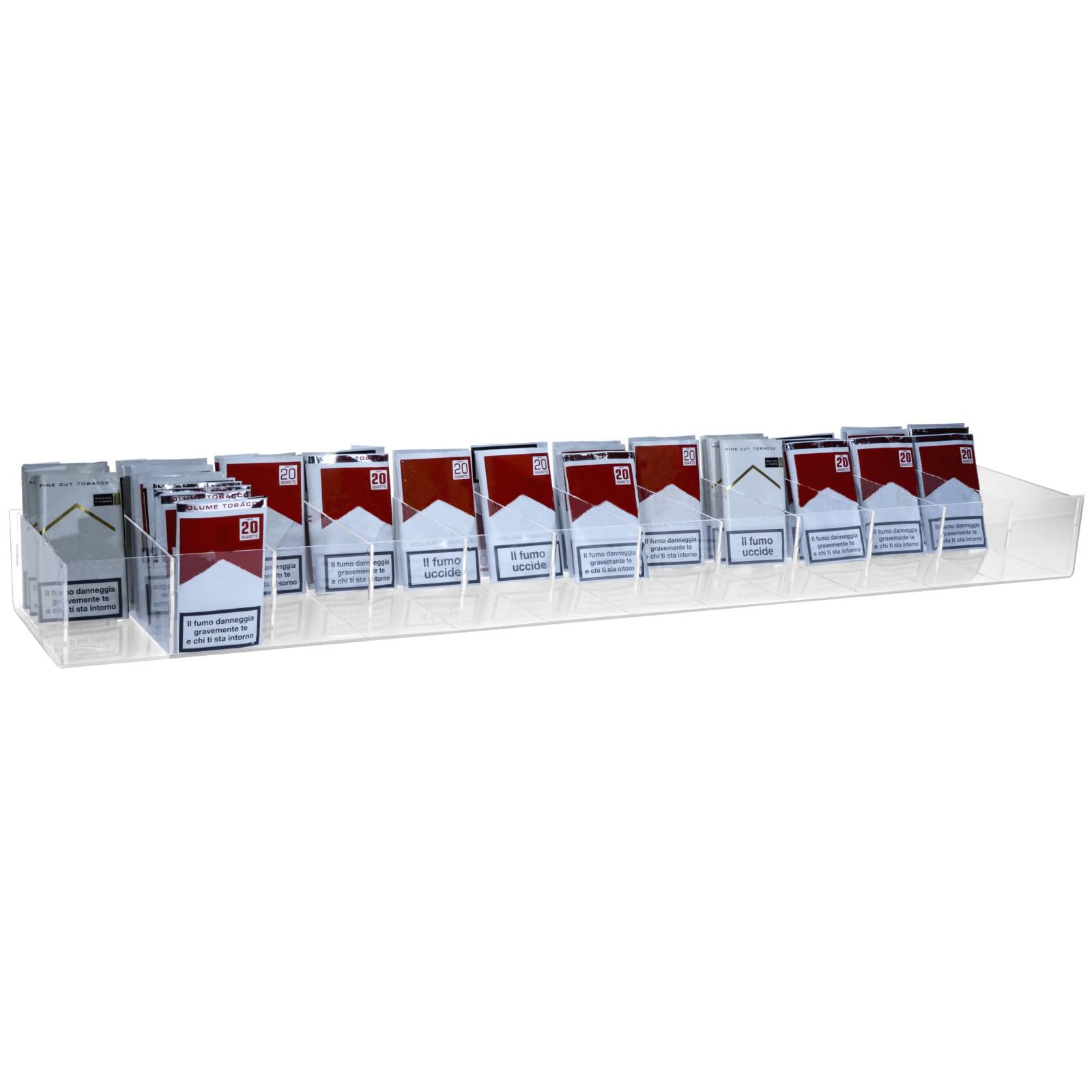 Espositore in plexiglass trasparente da banco per buste di trinciato o caramelle confezionate a 12 vaschette - Misure: 100 x 18 x H8.5 cm